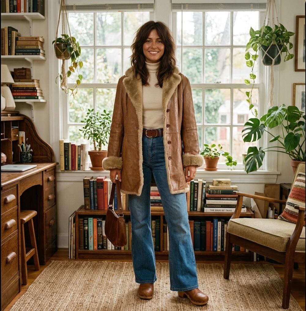 Vintage Penny Lane Leather Fur Trim Coat - Tan - Size Large